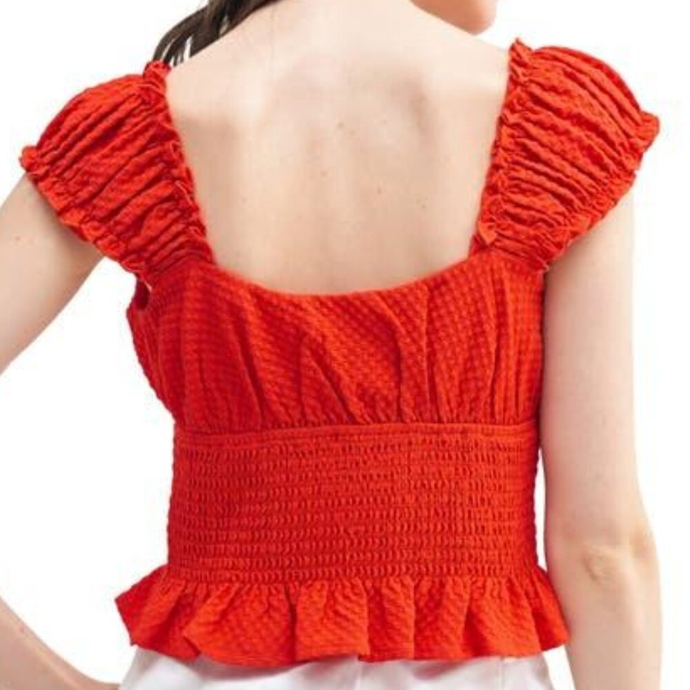 Lush Red Ruffled Smocked Sweetheart Neckline Candy Red Tie-Front Crop Top Size S - Picture 2 of 10